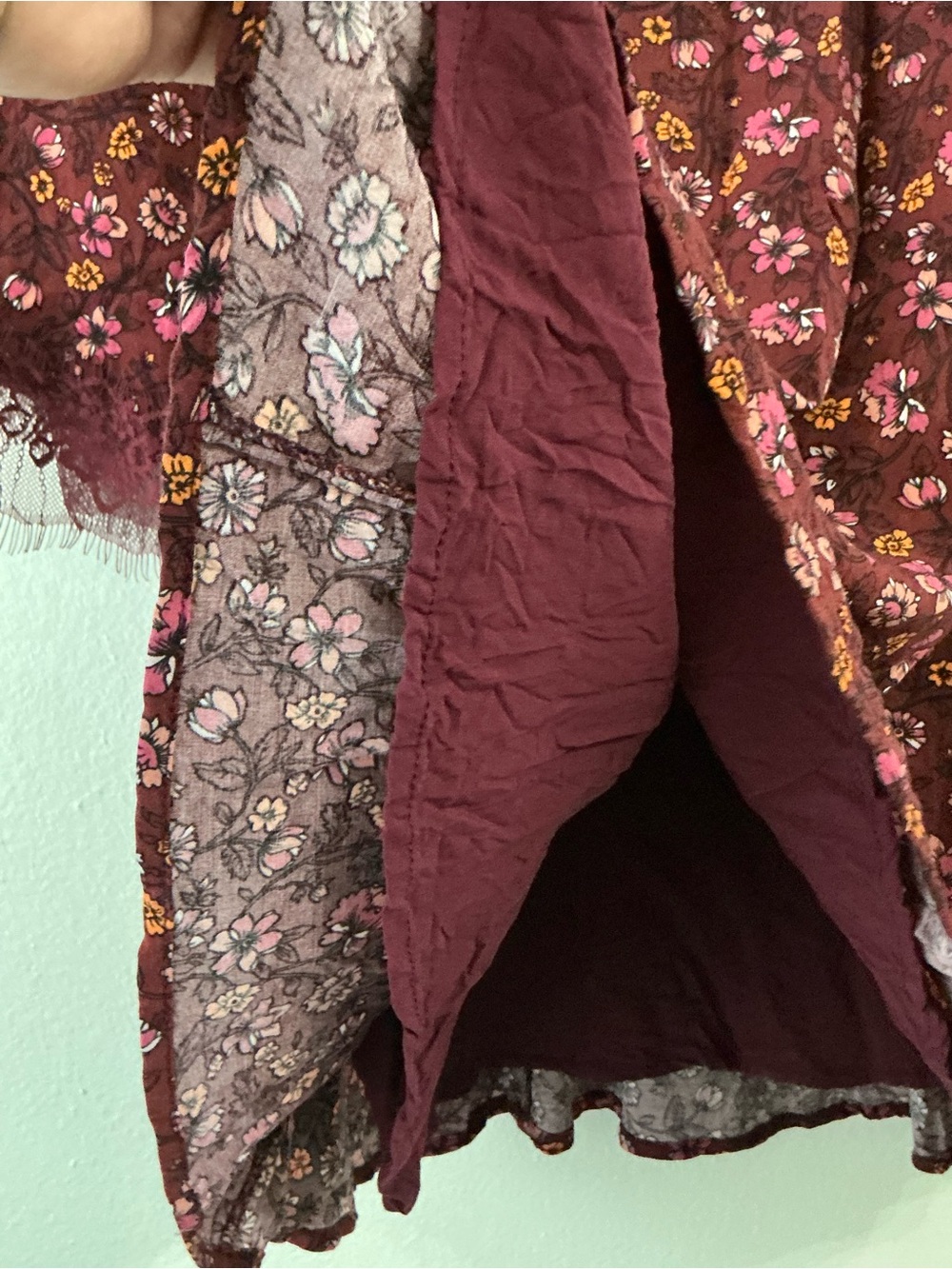 BONGO Maroon Floral Faux-Wrap Mini Dress Bell Sleeves Size:M - Picture 5 of 16